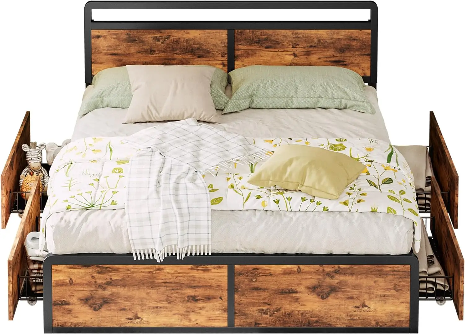 Queen Bed Frame with Storage, Adjustable Headboard and 4 Drawers, Sturdy and Practical, No Noise, No Box Spring Needed