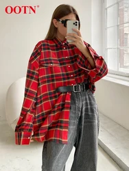 OOTN Street Chic Red Chck Turn Down Collar Shirts 2024 Casual Basics Long Sleeve Blouse Women Spring Pocket Vintage Ladies Tops