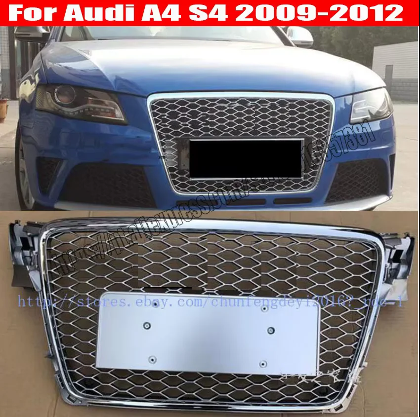 FOR AUDI A4/S4 B8 8T 2009 09 2010 10 2011 11 2012 12 FRONT MESH RS4 STYLE BUMPER HOOD HEX GRILLE Silver