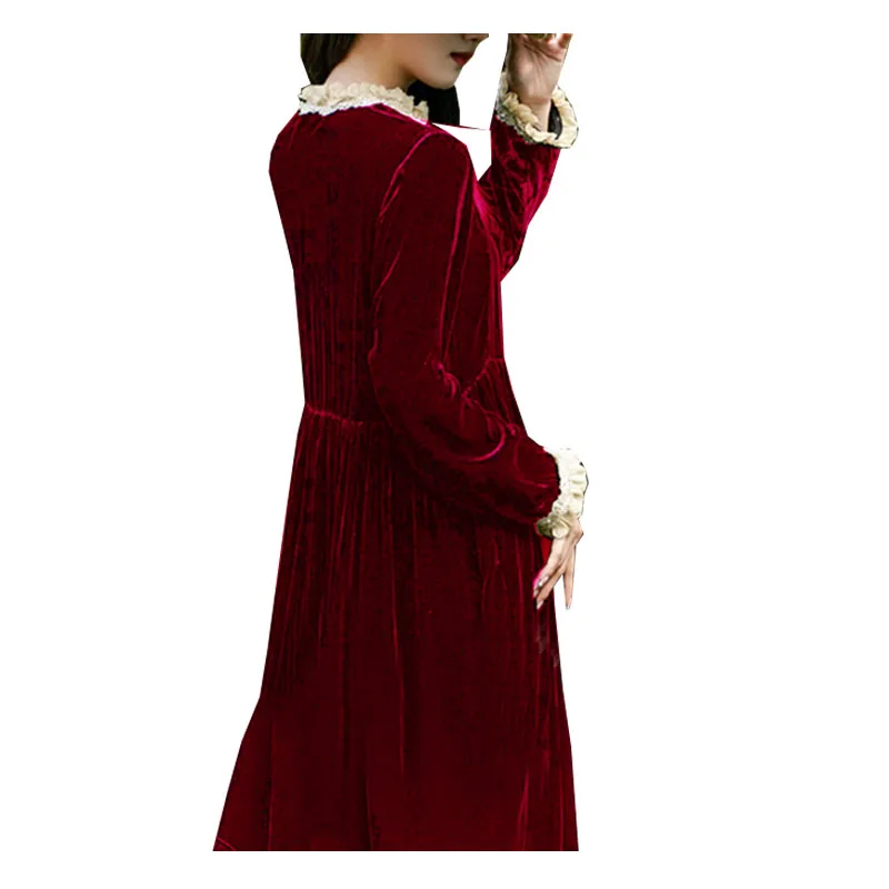 Fengbaoyu-Silk Velvet Dress for Women, Long Sleeve, Lotus Leaf Collar, Plus Size, Comfortable Warm Clothing, Autumn and Winter