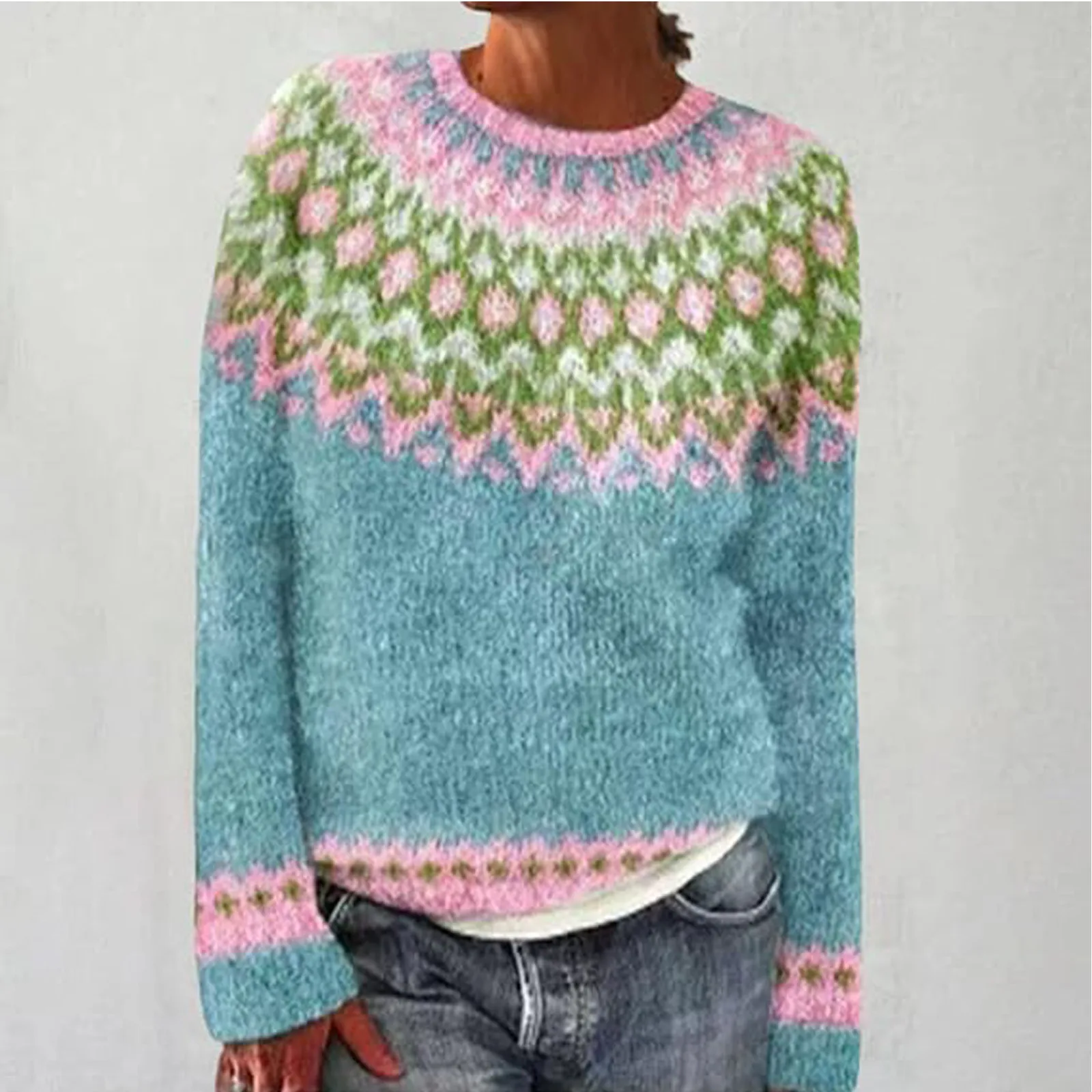 

Contrast Color Pullover Sweater For Women Knit Crew Neck Long Sleeve Sweater 2025 Trendy Korean Elegant Knitted Pullover Sweater