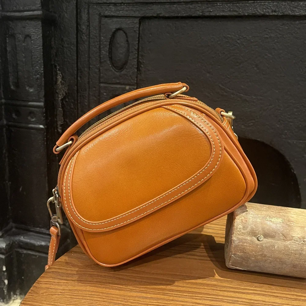 Soft Leather Bag Head Layer Cowhide Leather Small Round Bag Cross-border Hand Crossbody Bag Retro Leather Purses And Handbags