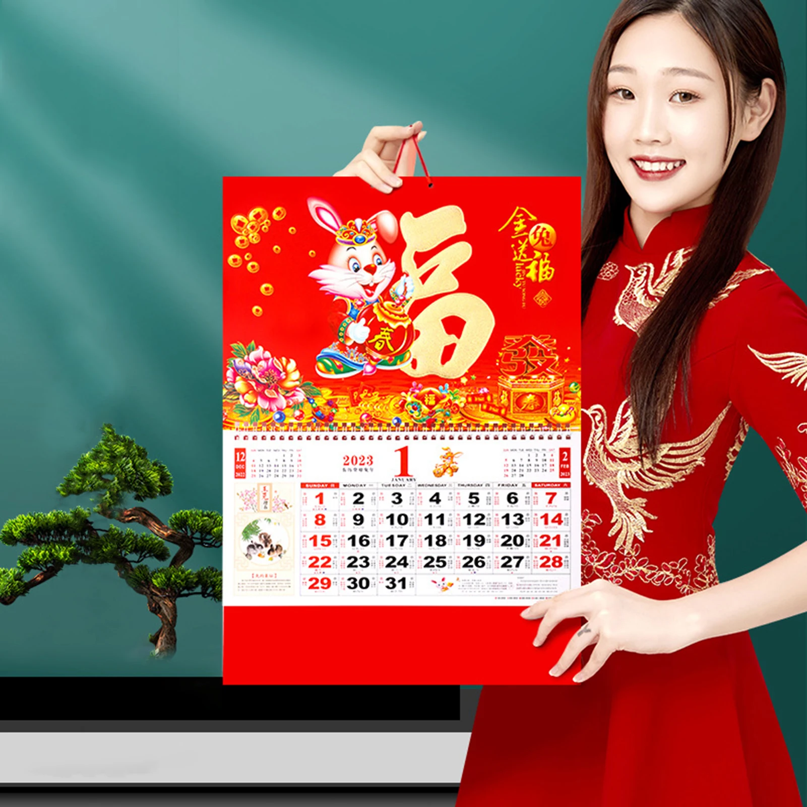 $0.1 Chinese Calendar 2023 Golden Wall Year Of The Rabbit Chinese Lunar Calendar New Year Wall Hanging Calendar 2023 Planner