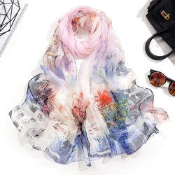 New Fashion Ink Painting Landscape Women Chiffon Printing Georgette Scarf Wholesale Spring Summer Foulard Shawl Bandana Scarves