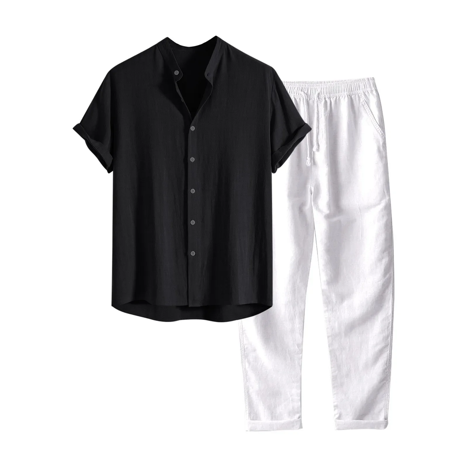 

Mens Sets Stand-up Collar Fashion Joker Slim Cotton and Linen Suit Male Two Piece Shirts and Pants