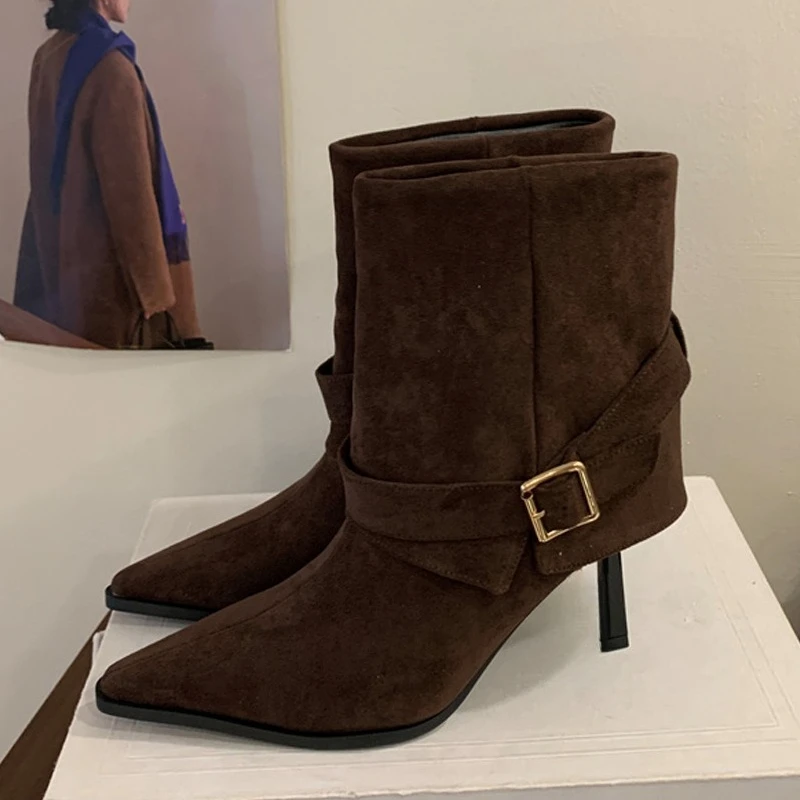 

Aneikeh Autumn Vintage Ankle Boots Fashion Punk Metal Buckle Pointed Toe Sexy Thin Heel Lady Slip on Designer Pleated Party Shoe