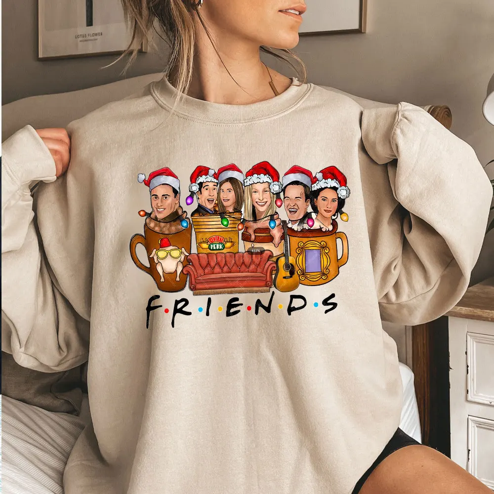 New in Hoodies & Sweatshirts Fashion Friends Tv Show Funny Cartoon Christmas Hat Sweatshirt Winter Clothes Women Round Neck Tops