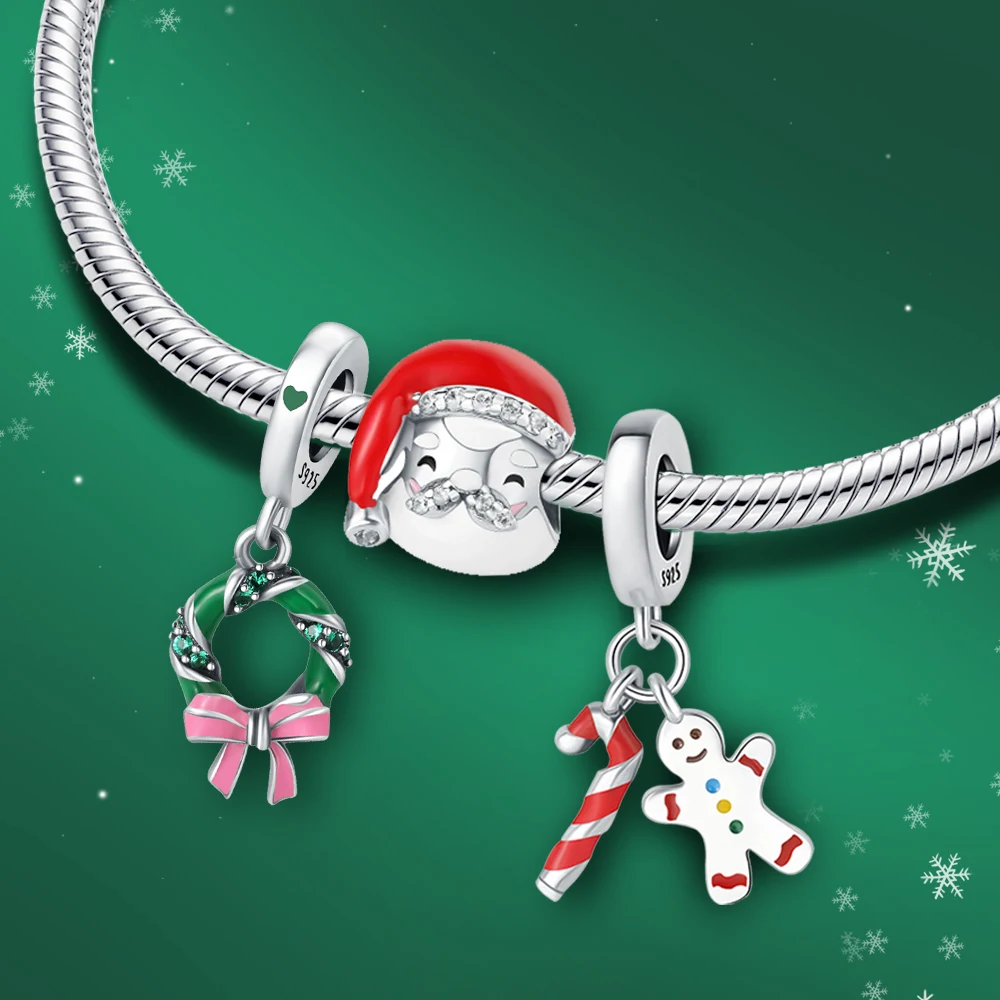 2023 New Christmas Xmas Garland Silver 925 Charm for Women Original Pandora Bracelet Enamel Bowknot Decoration Noel Jewelry