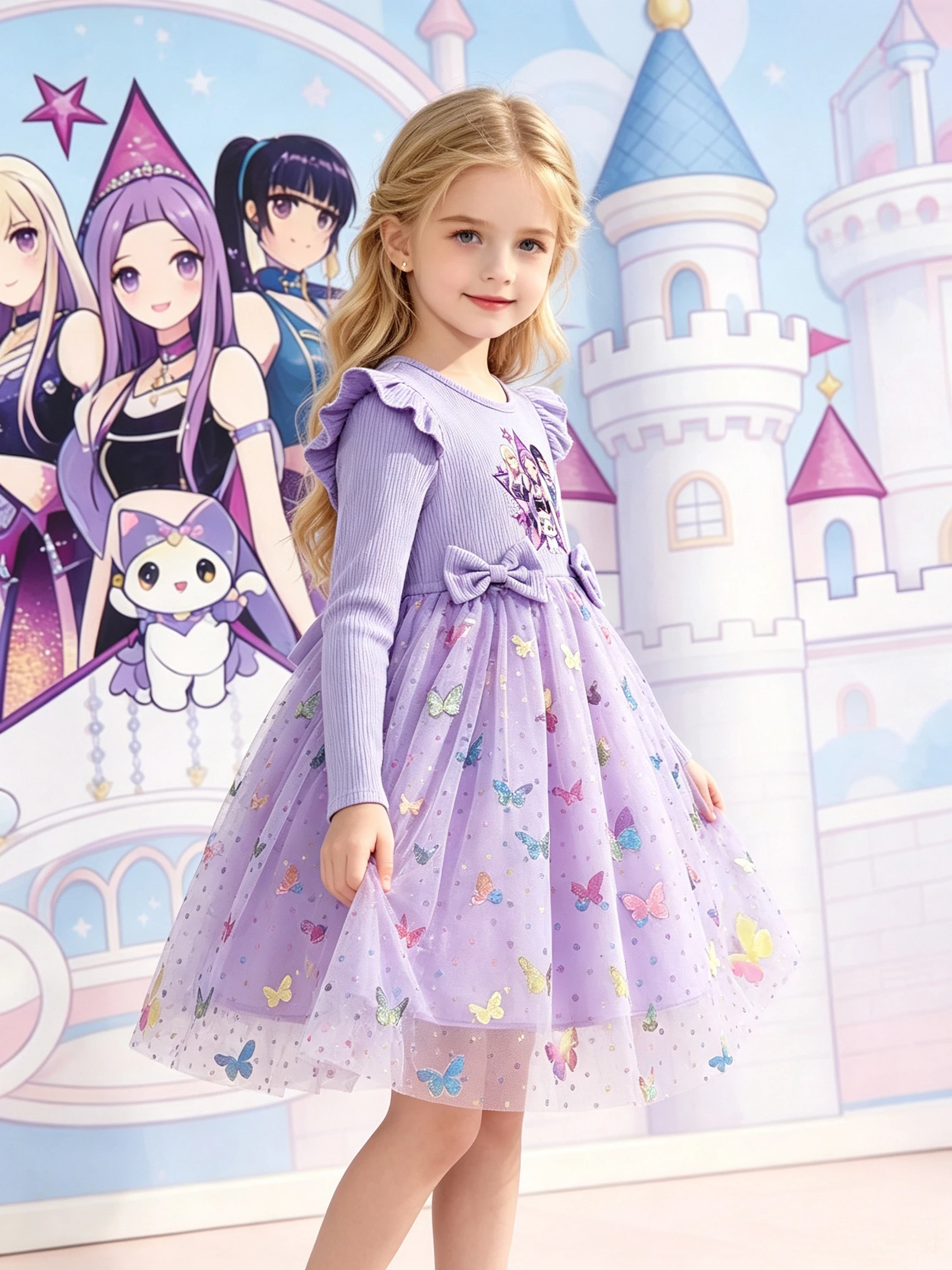 Herbstliches Cartoon-Kleid für Mädchen, langärmeliges Kleid mit Rippstrick, Tüllrock mit Pailletten-Schmetterling, süßes Prinzessinnenkleid für kleine Mädchen. – Detail 2