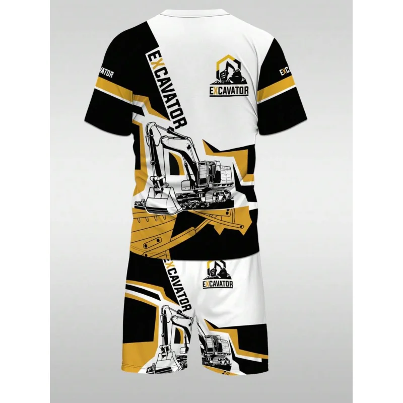 Men's Summer Casual Set With Sketch Print Excavator Design, Crewneck T-Shirt And Matching Shorts With Pocket Two-Piece Set