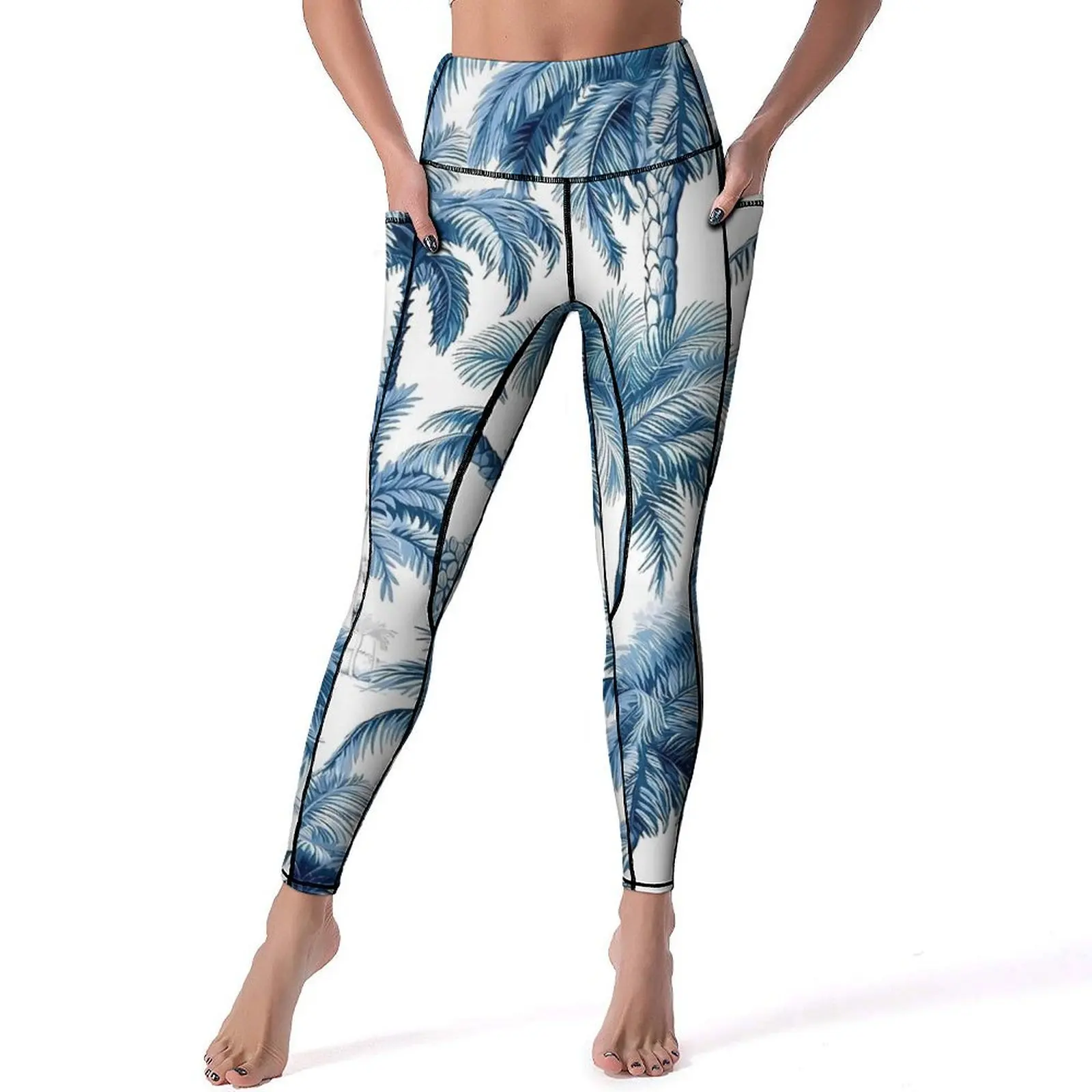 Leggings botArabes tropicaux bleus hawaïens, pantalons de yoga sexy, pantalons de fitness, pantalons de course extensibles, leggings de sport push-up, poches douces