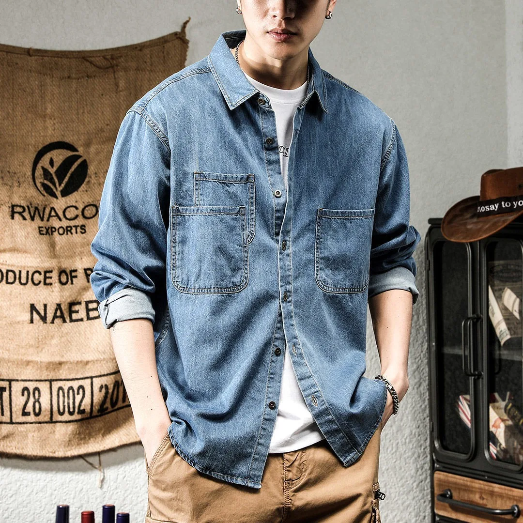 Primavera ruffian bonito denim ferramentas camisa de manga comprida masculina ins na moda versátil casual americano retro camisa jaqueta