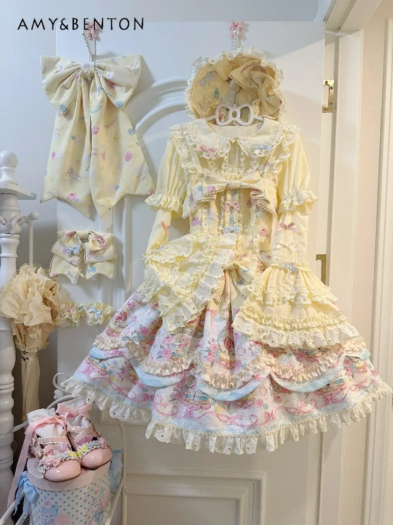 Lolita Style Kawaii Girl Puffy Dress Cute Heavy Craft Cartoon Print JSK Slim Fit Multi-layer Mini Dress Birthday Dress for Women