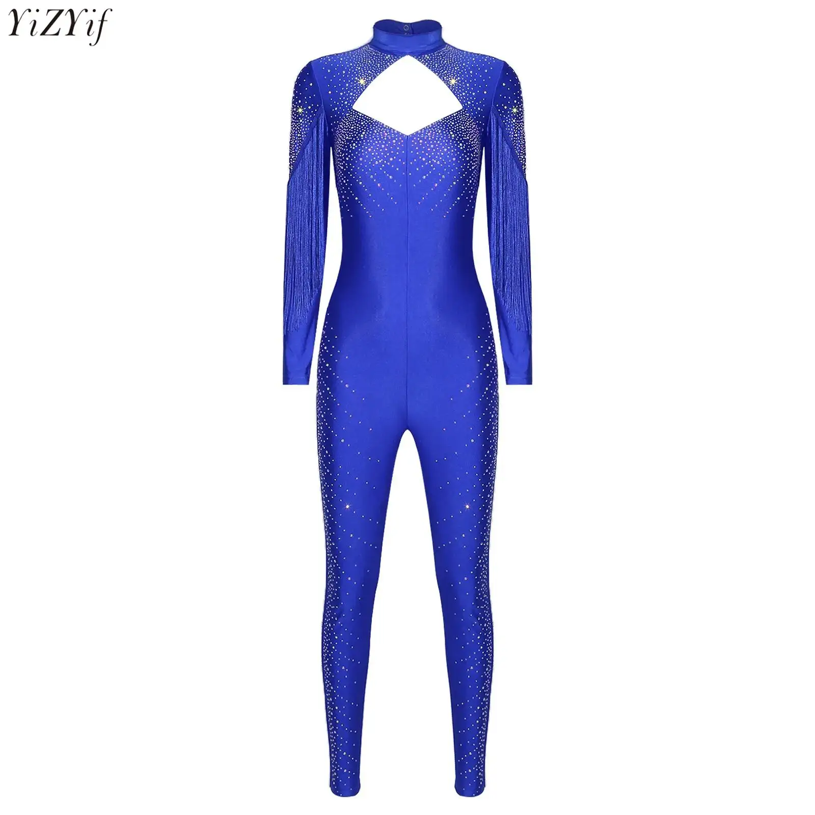 

Women Figure Skating Jumpsuit Long Sleeve Glittery Rhinestones Tassel Leggings One-piece Rompers Bodysuit for Gymnastics Dancing