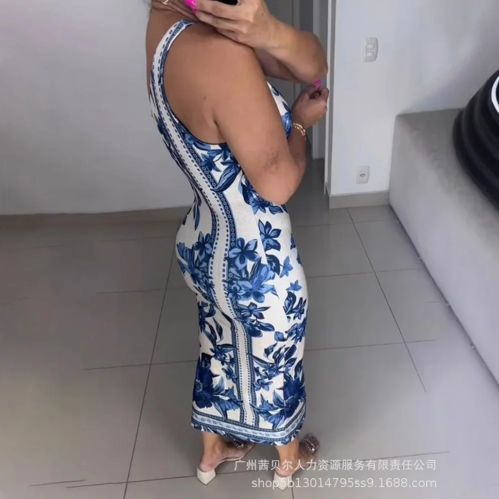 Letnia sukienka bodycon z kwiatowym nadrukiem na jedno ramię, bez rękawów, seksowna sukienka midi z rozcięciem