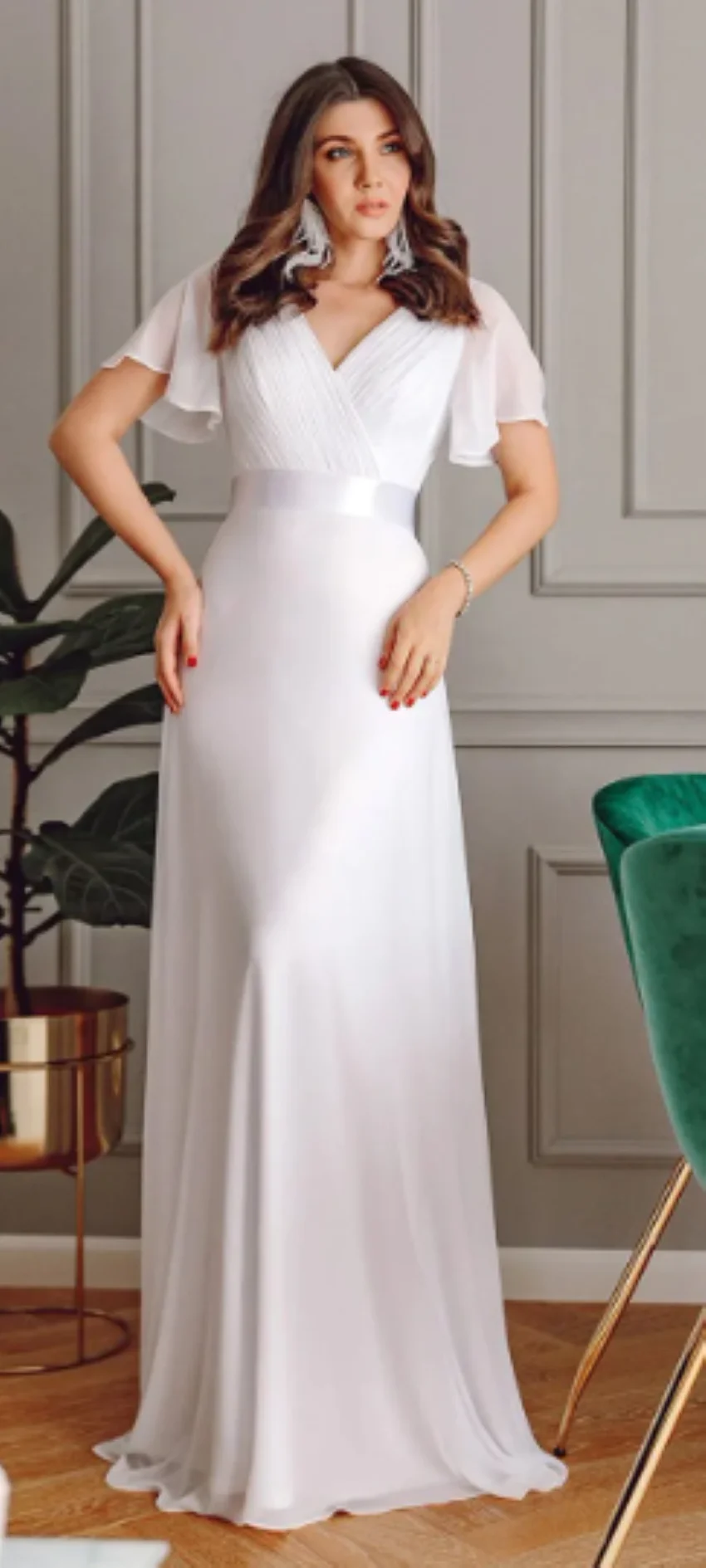 Graceful Short Sleeve A-line Bridal Gown Simple Vestidos De Novia Classic Deep V-neck Floor-length Wedding Dress
