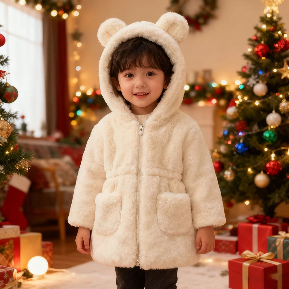 بلون الفتيات معطف الشتاء الصوف سميكة الاطفال مقنعين سترة الدفء الفتيات ملابس الخريف الأبيض الوردي ملابس الأطفال