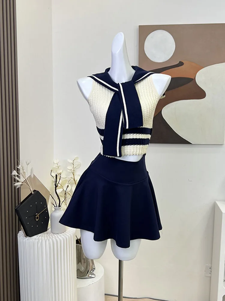 High Street Fashion 2 Piece Skirt Set Gyaru Sailor Collar Striped Shirts Sleeveless Cozy + Navy High Waist A-Line Skirt Elegant