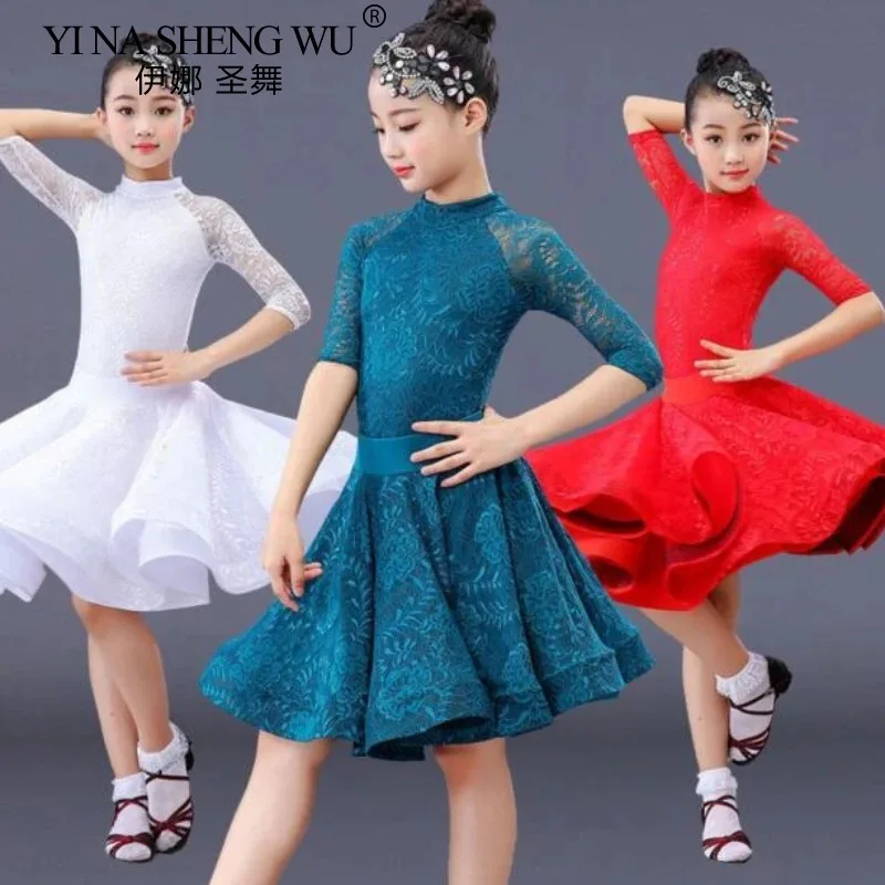 

Платье для бальных танцев для девочек, кружевной дизайн с длинными рукавами, костюм для выступлений сальсы и танго, элегантный детский наряд для латинских соревнований