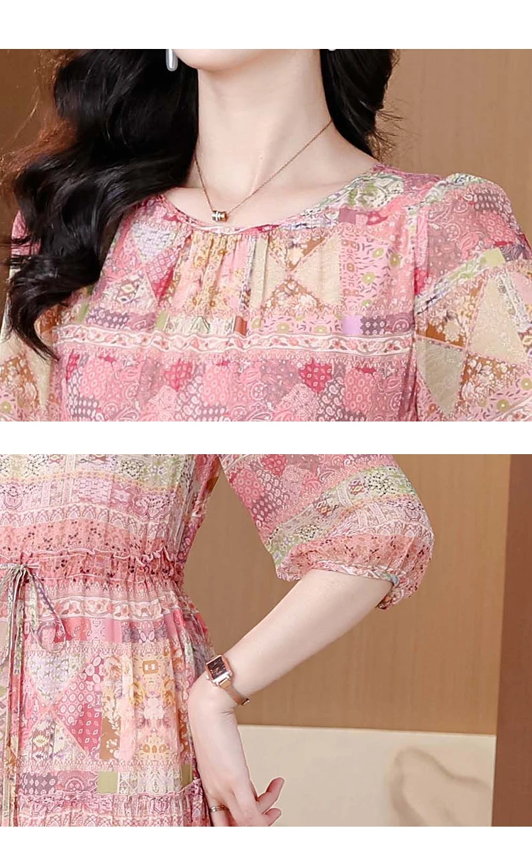 2025 Summer Print Silk Beach Midi Sundress Women Boho Fashion Casual Light Dress Spring Korean Elegant Luxury Festival Vestidos