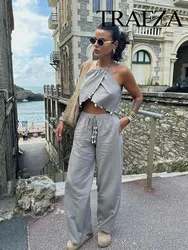 TRAFZA 2024 Summer Suits For Women Fashion O Neck Halter Neck Camis Top + Wild Female Straight Wide Leg Long Pant Trendy TRAF