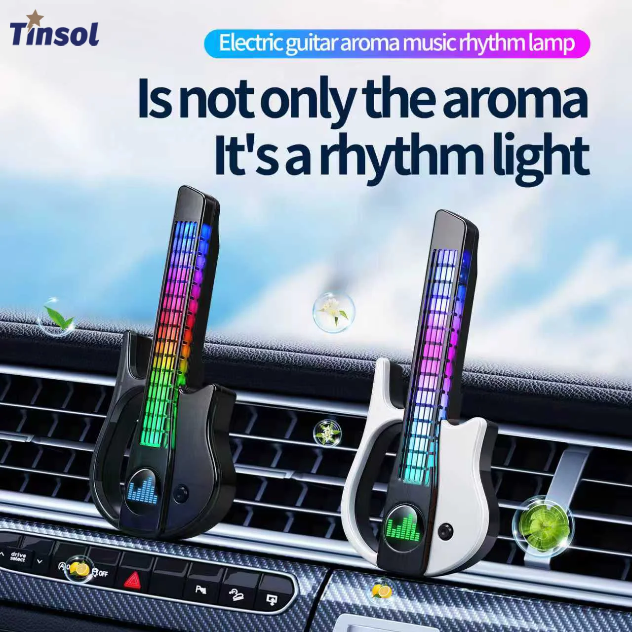 TINSOL Car Guitar Aromatherapy Diffuser, Car Ambient Light, Car Fragrance, RGB Sound-Activated Music Rhythm Light