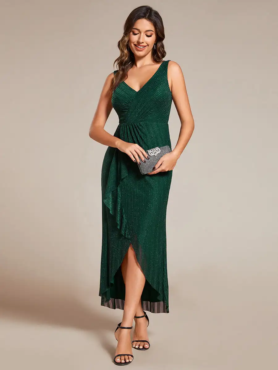 Gorgeous Evening Dresses High-Low Ruffle Mermaid with V-Neck Midi Length 2024 Ever Pretty of Dark Green Wedding Guest Dress