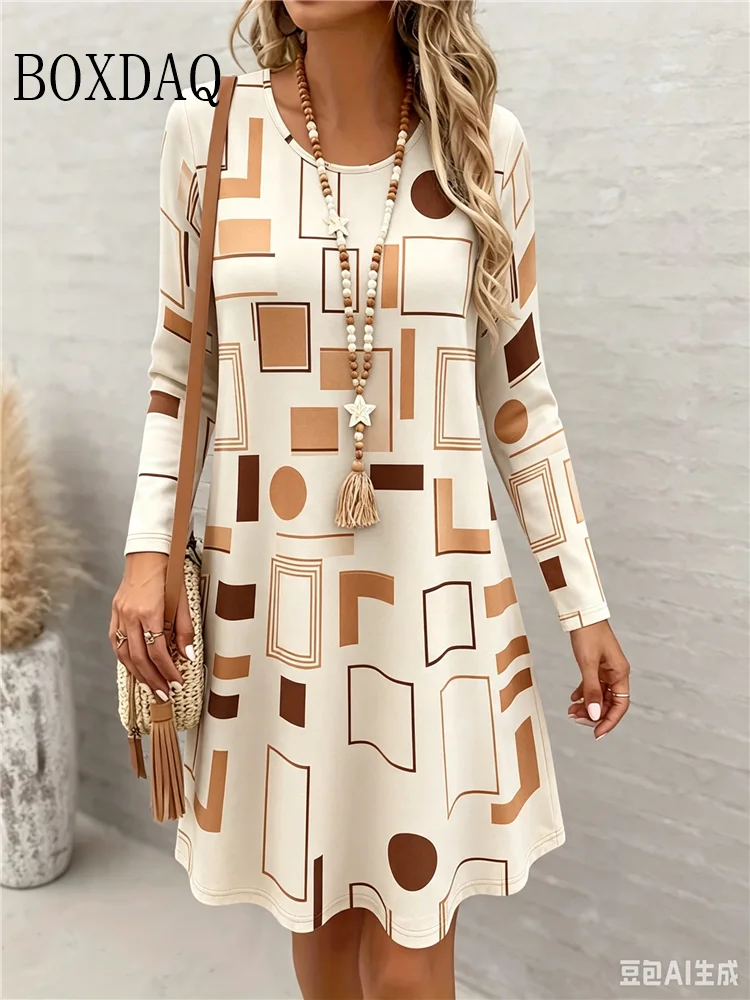 Women's Casual 3D Geometry Printed Long Sleeve Dresses For Women Fashion Loose Mini Dresses Spring Autumn O-Neck Women Dresses