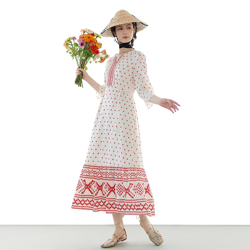 

Ele Slim Fit Printed Dr Women's New Arrival Gentle A-Line Skirt V-Ne Seven Sve Length Autumn Collection