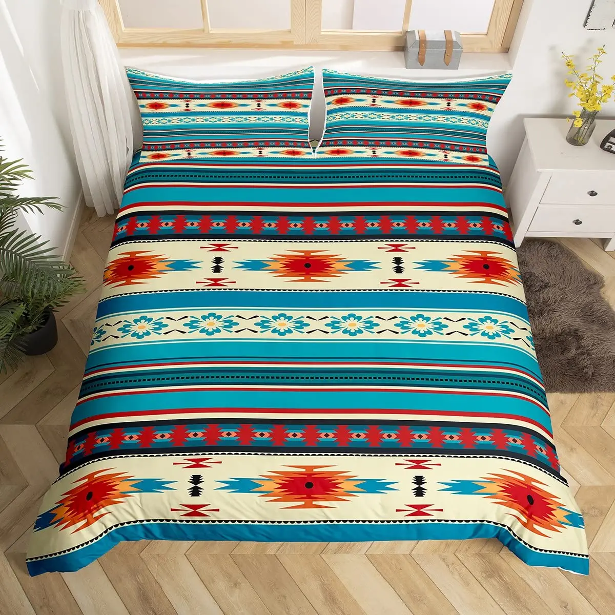 Bohemian Aztec Bedding Set Western Duvet Cover Orange Boho Exotic Comforter Cover Cowboy Cowgirl Tribal Geometric Quilt Cover