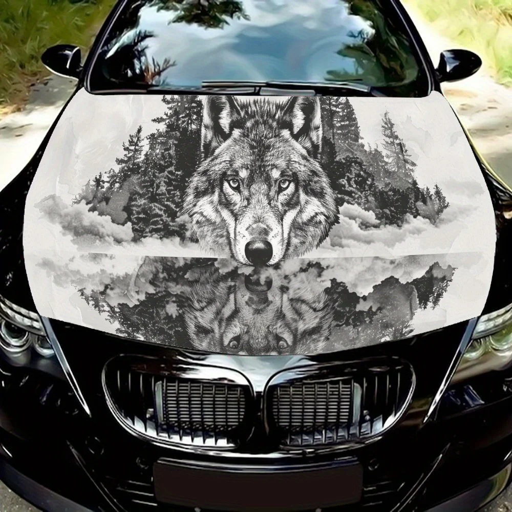 

Black and White Mirror Wolf Car Vinyl Wrap, PVC Waterproof Car Hood Vinyl Wraps Sticker, Self-Adhesive Scratch-Resistant Sticker
