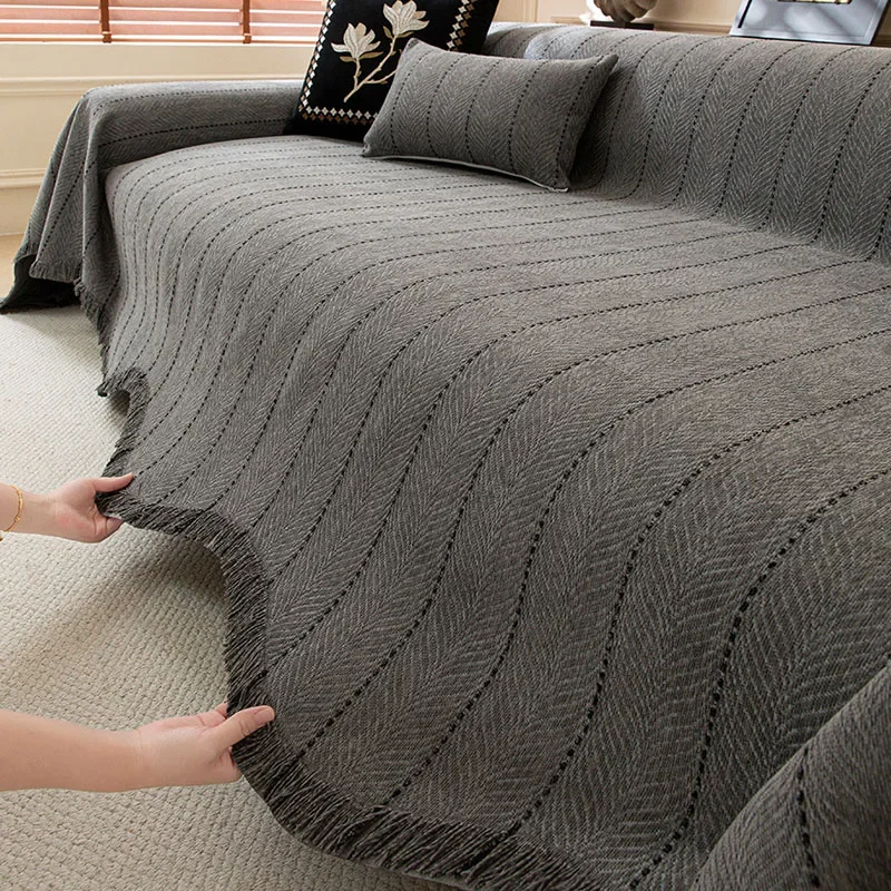 Herringbone All-Inclusive Chenille Solid Sofa Towel Anti Cat Scratch Sofa Cover Multifunctional Couch Blanket for Four Seasons