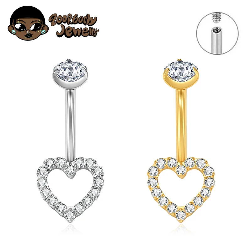 

ZOOR ASTM F136 Titanium Banana Curved Belly Button Piercing Rings with CZ Heart 14G Internal Thread 10mm 12mm Belly for Women