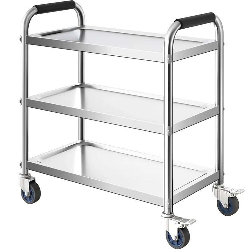 Commercial 3-Tier Stainless Steel Serving Cart Mobile Food Trolley with Heavy-Duty Roll out Tray