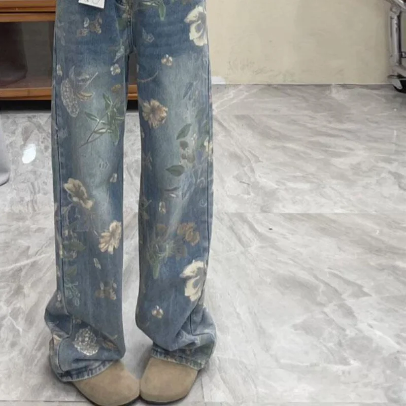 Ropa de mujer europea americana, pantalones vaqueros con estampado Retro para mujer, diseño de nicho, pantalones holgados de pierna ancha hasta el suelo, pantalones vaqueros informales