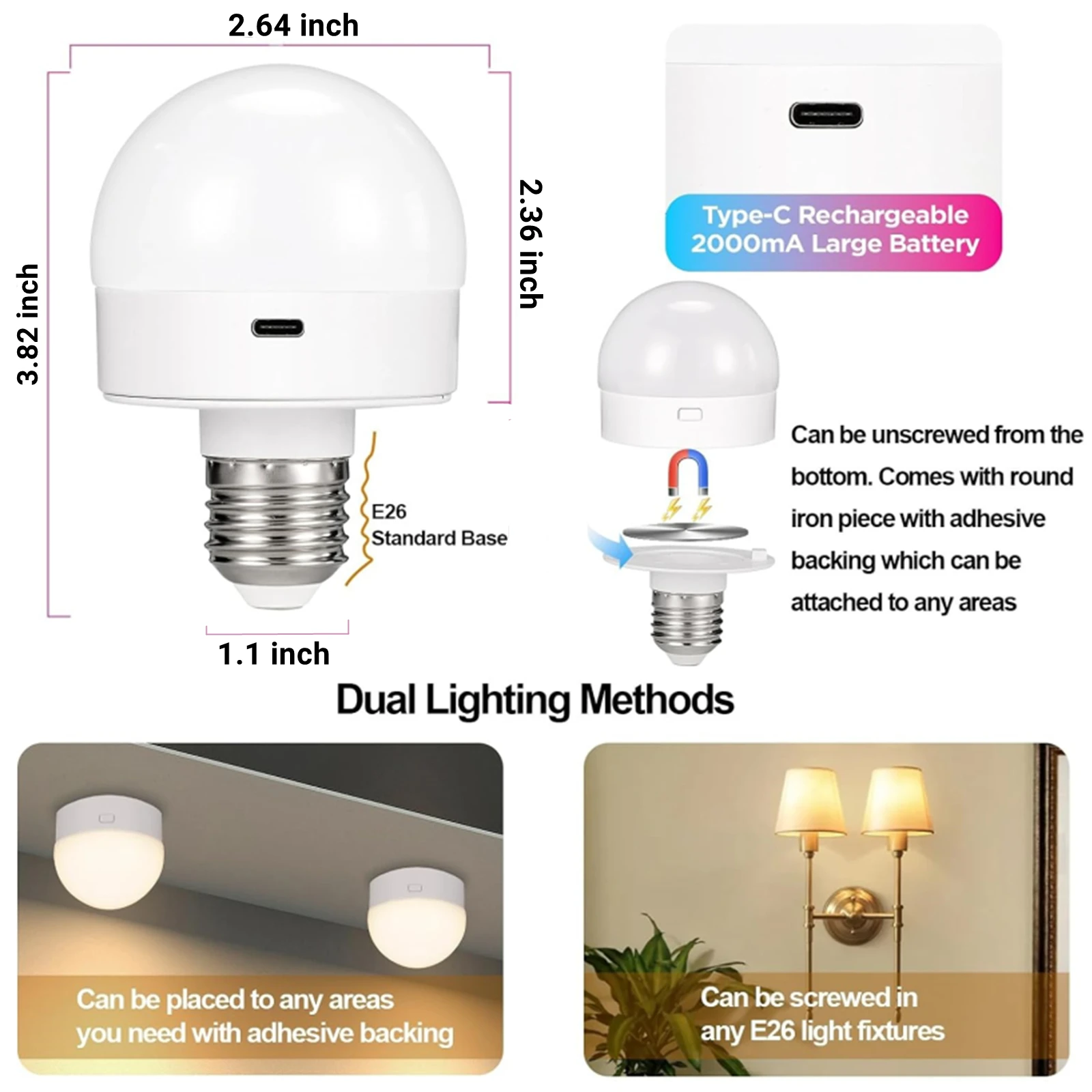 Nooknova Rechargeable Light Bulbs Remote Control Battery Operated Light Bulb with Timer, Dimmable, 3 Color Temperatures