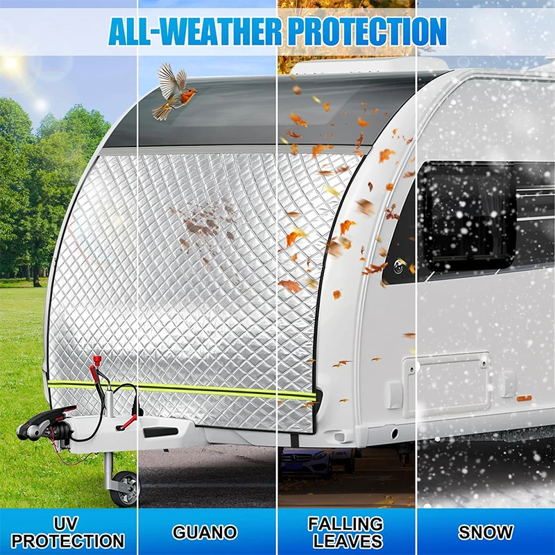 1PC All-Weather Caravan Bow Cover Tarpaulin Insulation Front Protector With 7mm Piping Reflective Safety Strips 3 Size Option