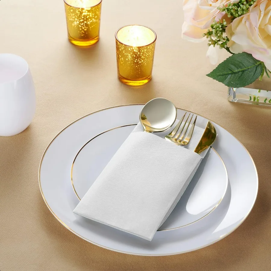 50 عبوة من مناديل العشاء من LinenFeel مع جيب أدوات مائدة مدمجة من القماش الأبيض المطلي مسبقًا مثل المناديل الورقية لعشاء الزفاف أو Pa