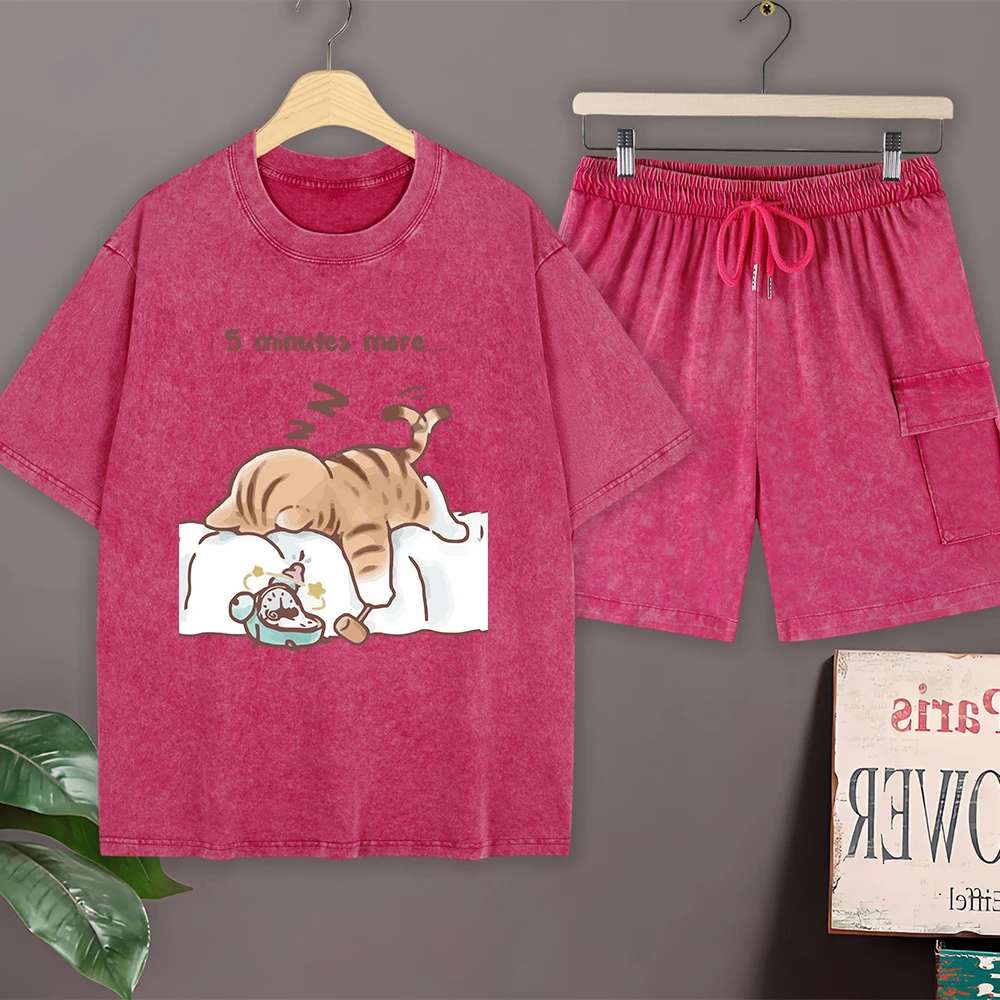 

Мужской летний комплект: футболка оверсайз из хлопка с принтом «Кот всегда хочет спать» и шорты карго, с круглым вырезом, уличный стиль