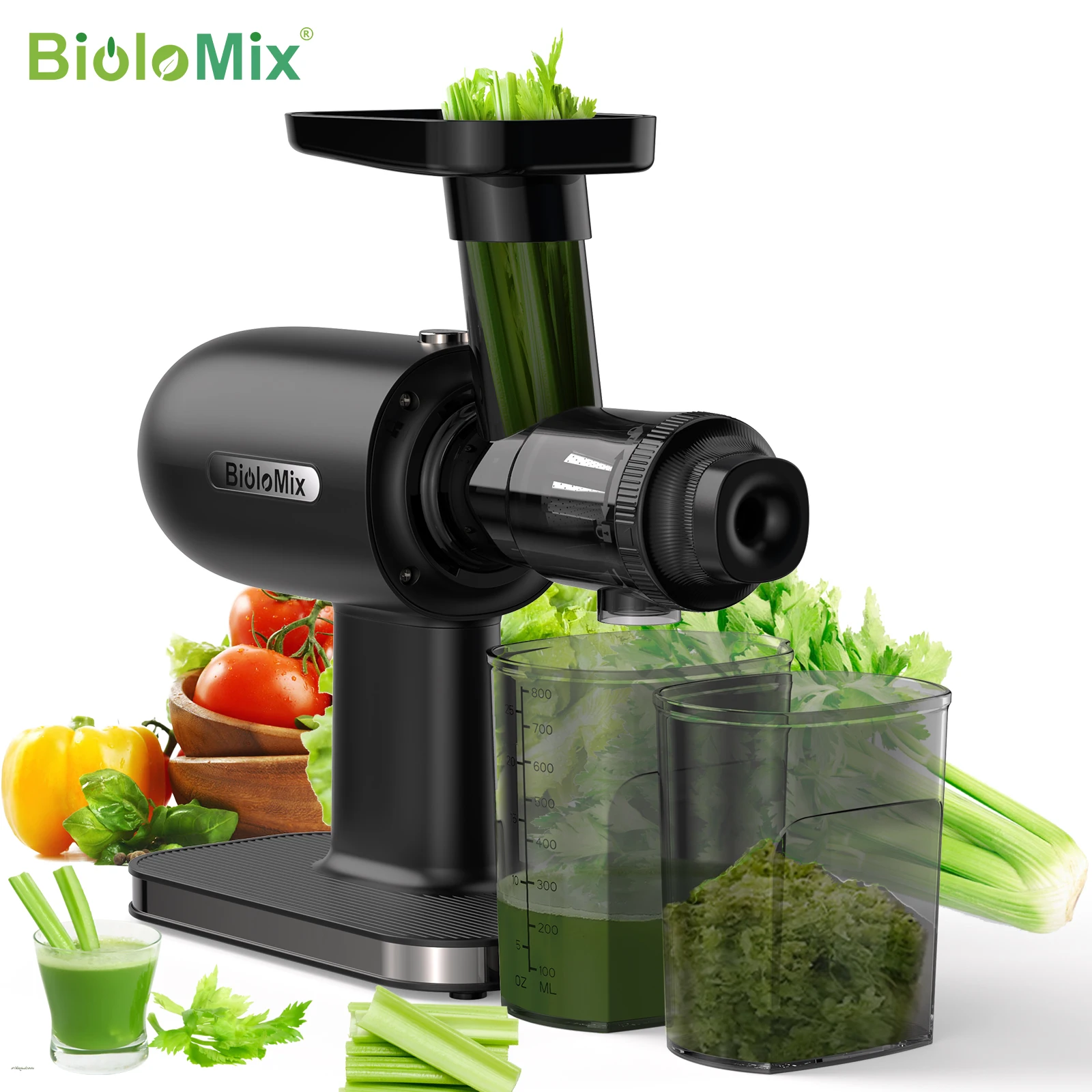 BioloMix-PressJu479 Machines à mastication lente avec fonction barrage, rendement en jus élevé, brosse facile à nettoyer et silencieuse