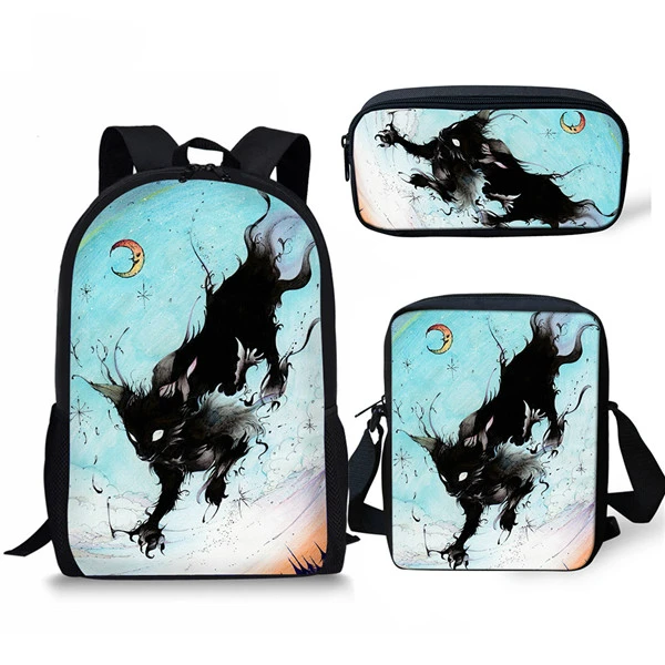 Classic Novelty Peculiar Ghost Cat 3D Print 3pcs/Set pupil School Bags Laptop Daypack Backpack Inclined shoulder bag Pencil Case