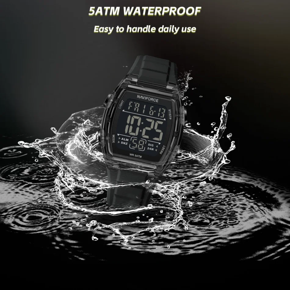 

NAVIFORCE Мужской режим будильника 5ATM Водонепроницаемый светодиодный ночник Дисплей Силиконовый браслет Часы для мальчиков Секундомер Таймер Цифровой дисплей