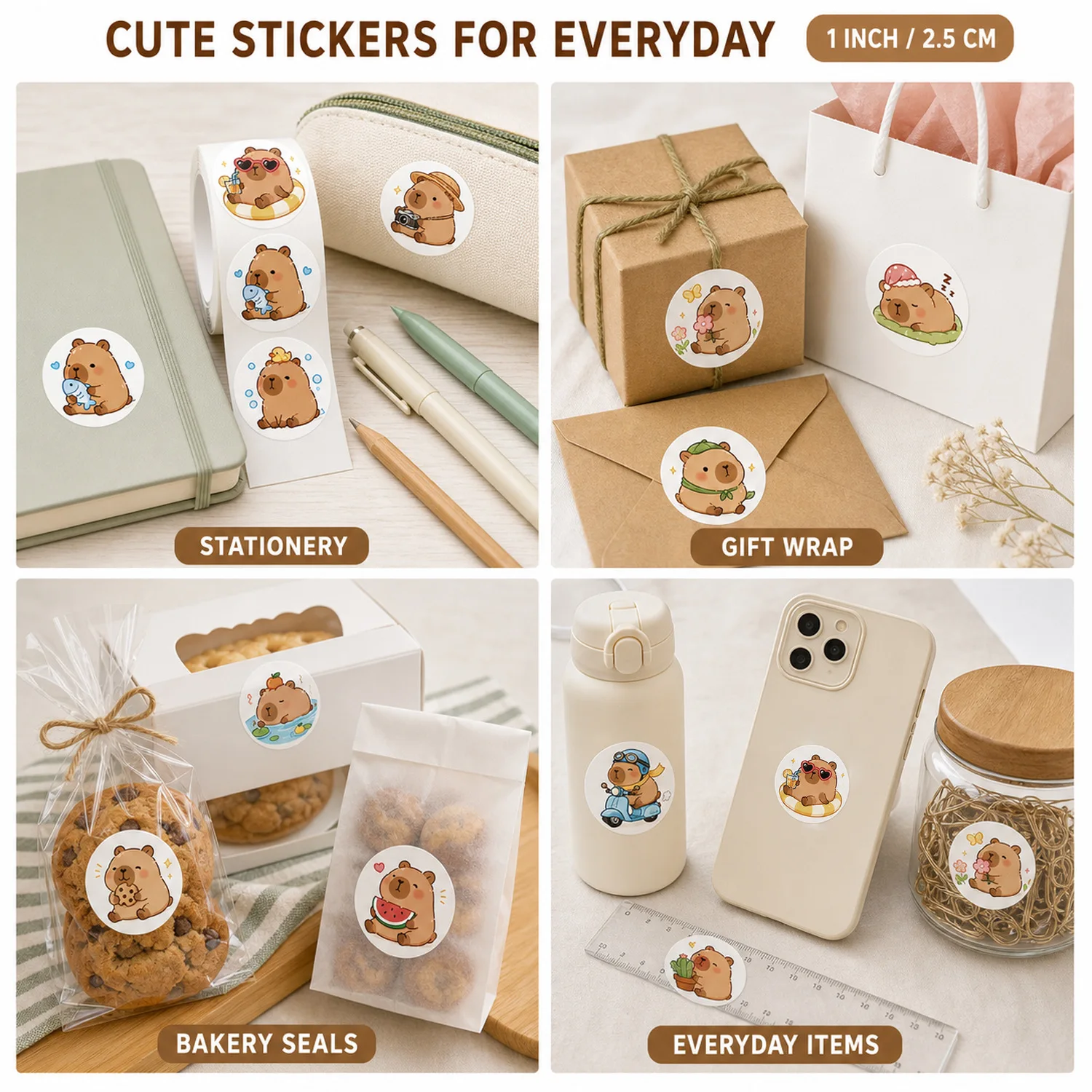 JCAC 500pcs/roll Cute Cartoon Capybara PVC Self-Adhesive Seal Stickers, Gift DIY Packaging Labels view 6