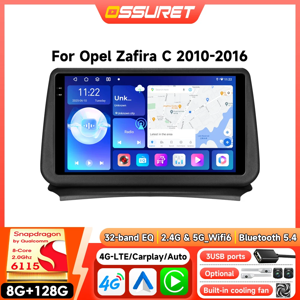 8-Kern 2Din Android Autoradio für Opel Zafira C 2010-2016 Auto-Multimedia GPS Kabelloses Carplay 360-Grad-Kamera mit Snapdragon 6115 360-Grad-Kamera