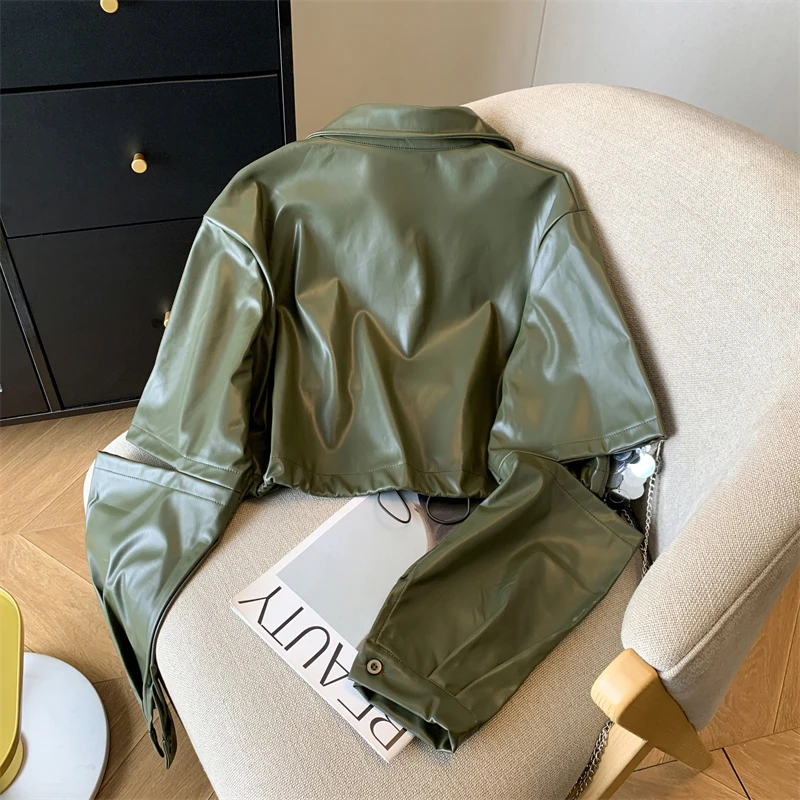 Jaqueta de couro curta para mulheres marrom verde casaco pu primavera outono único breasted gola virada para baixo topo na moda design de manga aberta