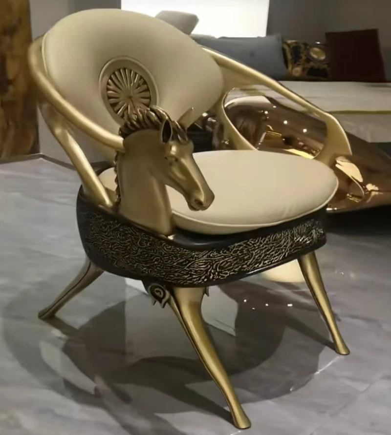New Luxury Handmade Pure Copper Horse Head Design Vintage Brass Dining Chairs for Home Villa Mansion Living Room Hotel