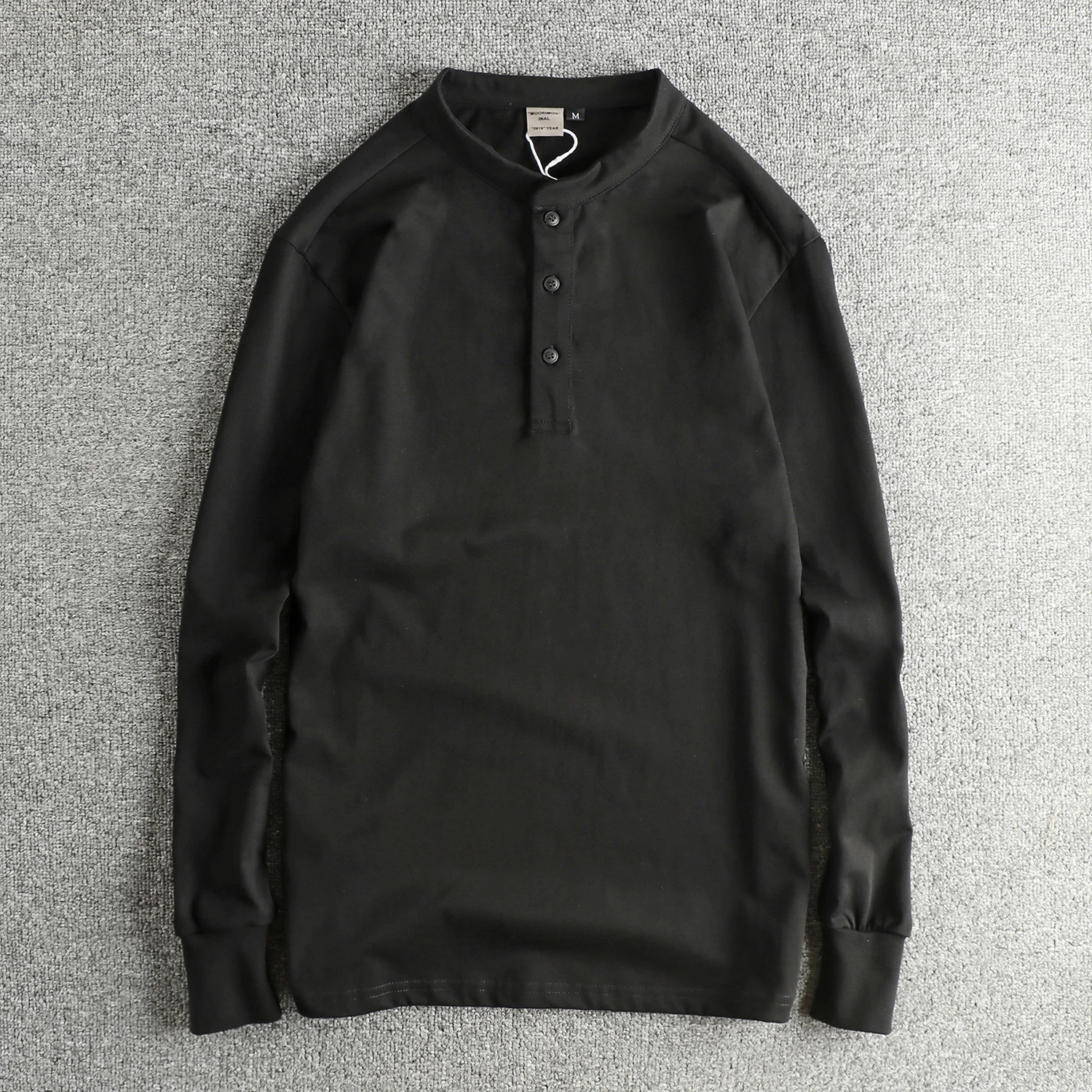 100% Cotton Retro Trendy Men's Fall Base Henry Collar Long Sleeve T-shirt