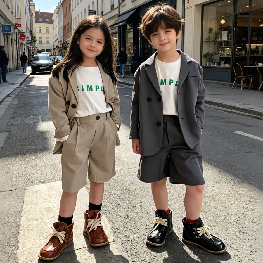 

School Boys Girls Suit Spring Summer Casual Blazer Shorts 2-piece Kids Formal Set Loose Versatile Children Host Speech Outfits