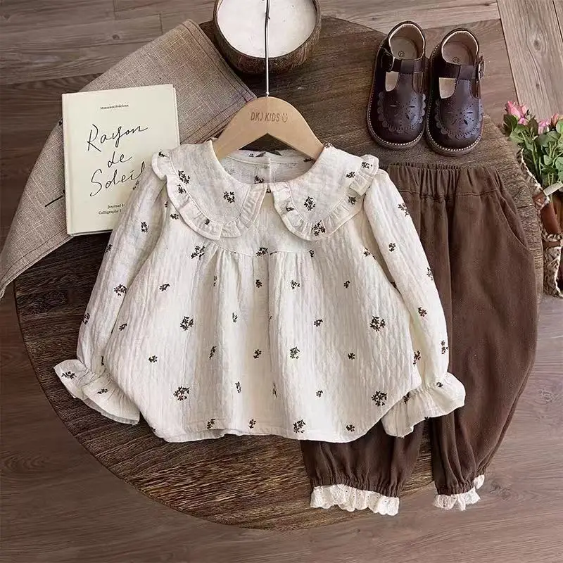 

Kids Girl's Suit 2025 Autumn New Children's mori Girl Baby Floral Doll Shirt Top Plus Trousers Two-piece Set 100-140cm