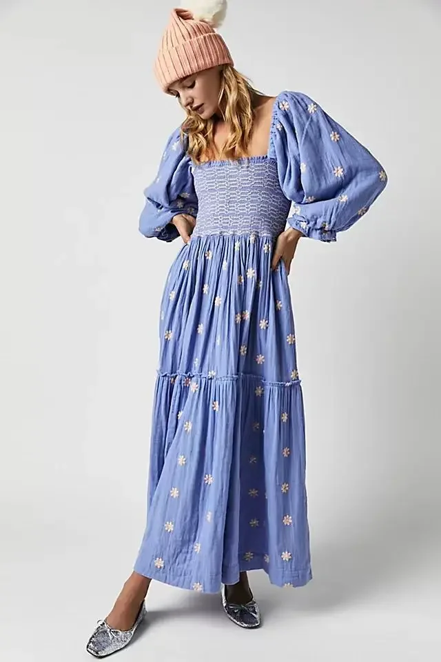 2025 novas mulheres boho profundo decote em v manga puff maxi vestido casual floral chiffon em camadas flowy swing festa vestido longo